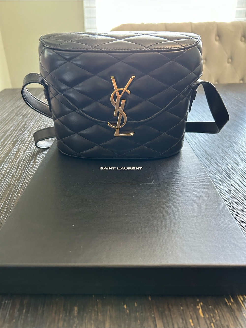 Saint Laurent June Box Bag in Black Quilted Leather Belt Bag with Gold YSL Logo